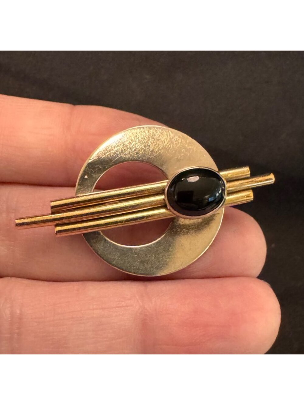 Solid Sterling Silver 925 Black Onyx Bezel Set Circle Brooch 1.75" Length
